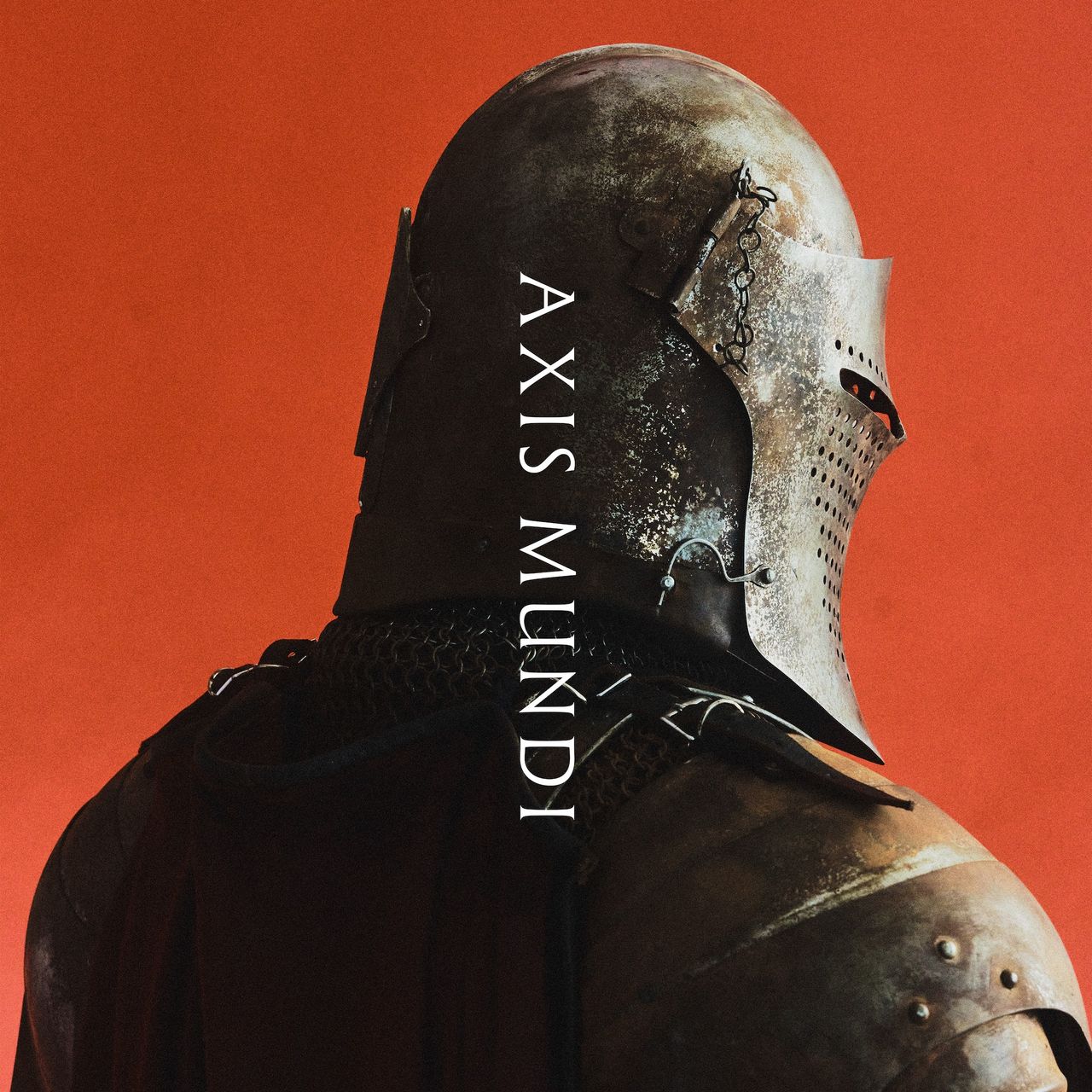 Album cover art for Axis Mundi by Imminence, featuring a figure in medieval metallic armor against a vibrant orange background.